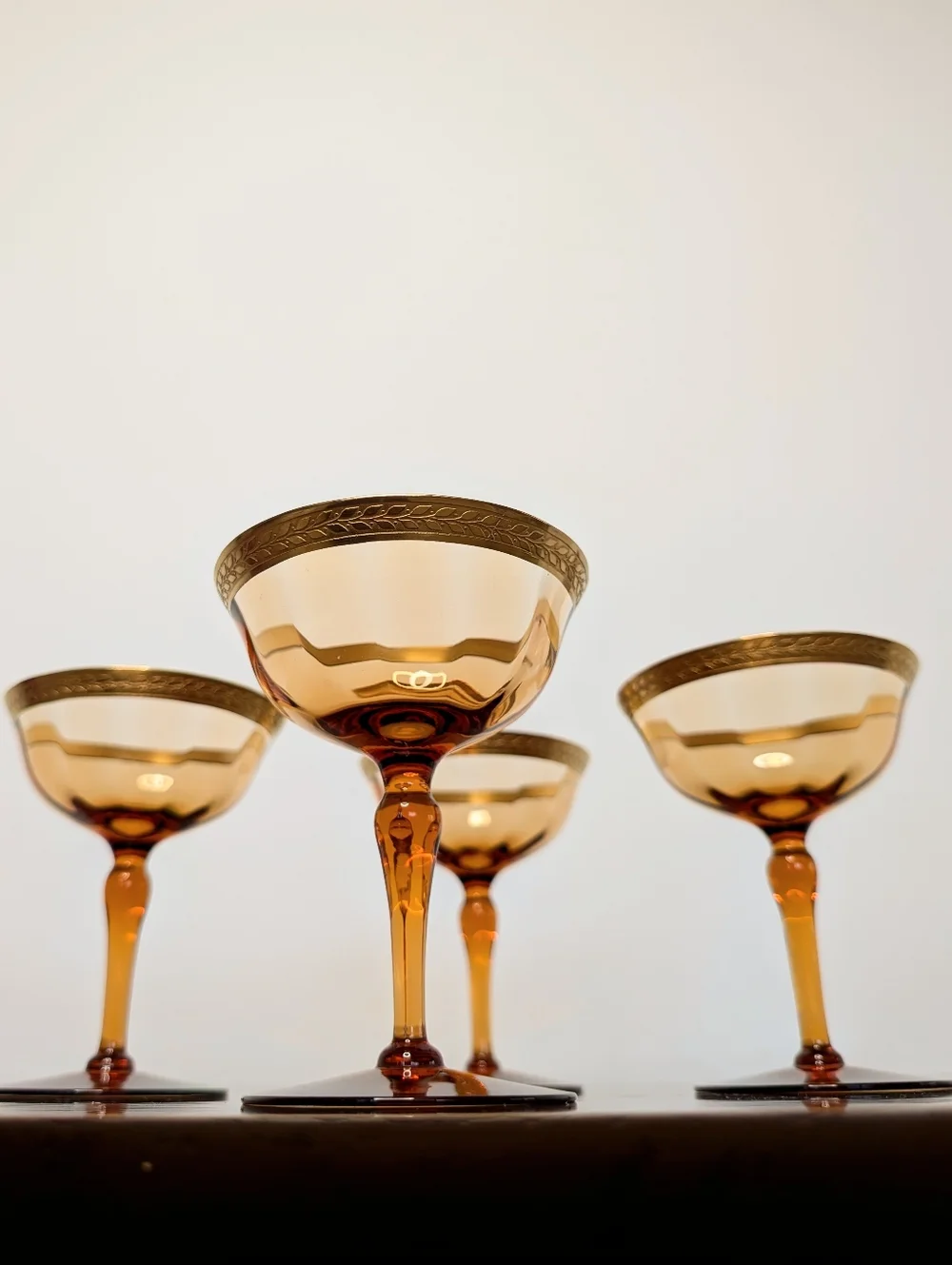 Vintage Amber Glass Gold Rim With Laurel Leaf Pattern Champagne Glasses Set Of 4